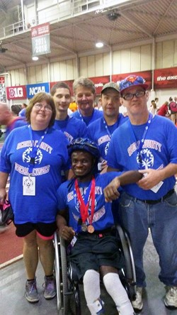 Five Special Olympics athletes attended and medaled in Special Olympics 2017 State Summer Games. Pictured with their coach, from left: Tammy Mitchell, Johnny Royalty, Jacob Nele (front), Coach Rita Arthur, John Geyer, and Jerry Coyle.