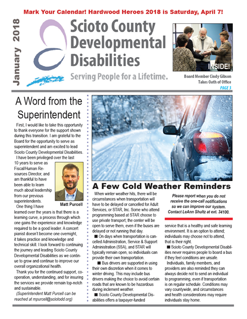 Cover of the January 2018 newsletter featuring new superintendent Matt Purcell and winter weather transportation when there are delays and/or cancellations.