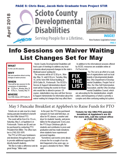 Cover of the April 2018 newsletter featuring waiver waiting list info sessions and the VRS PTO pancake breakfast.